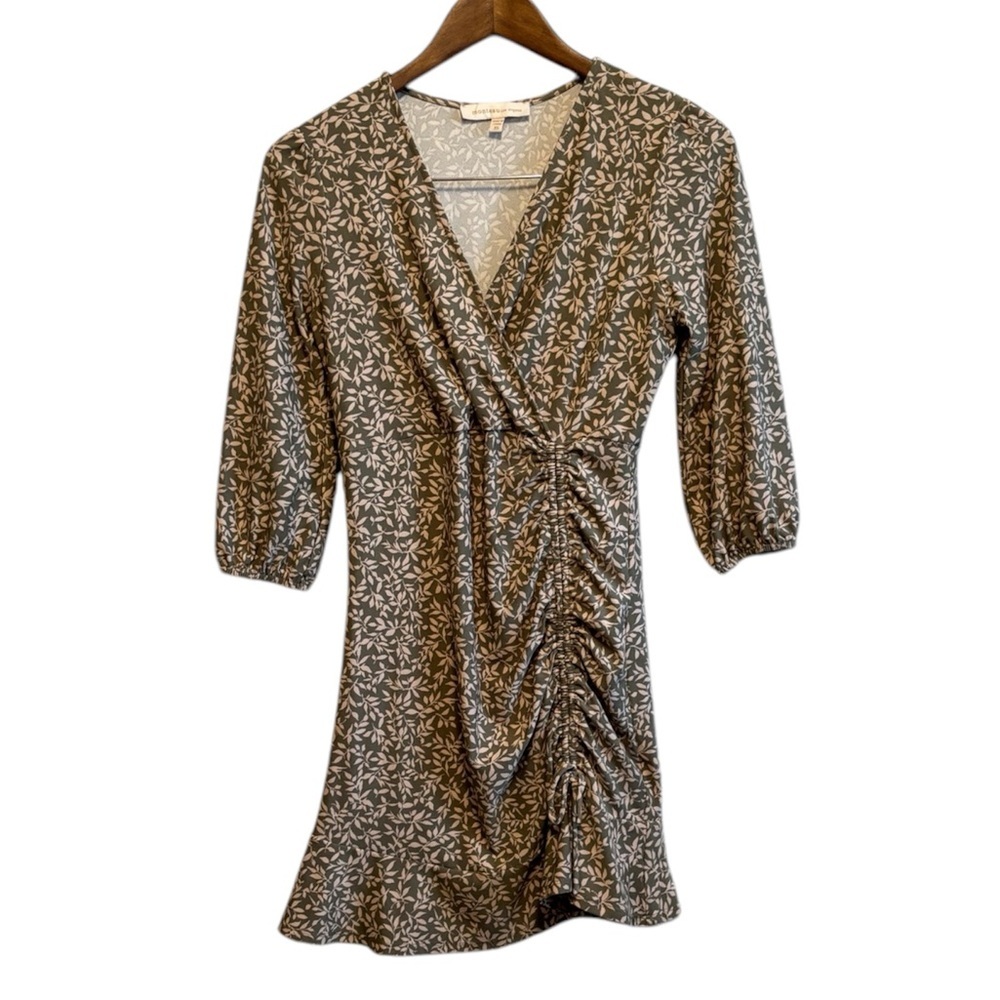 Monteau Floral Leaf Print Faux Wrap Mini Dress XS Green Cream 3/4 Sleeve Stretch - Picture 9 of 9